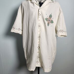 Forever 21 Embroidered Button Up Shirt Ivory Boho Festival Mens L